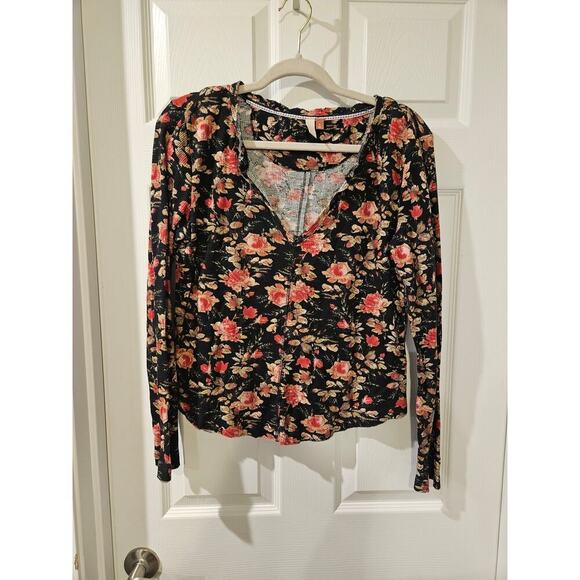 Anthropologie Pilcro Split-Neck Top Black Floral Motif Waffle Knit Womens Medium - Picture 2 of 8